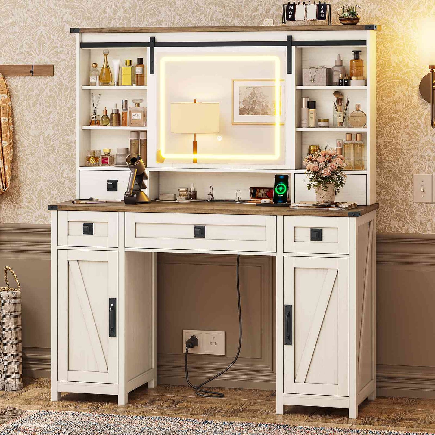 AOGLLATI 47.2 Inch Farmhouse Makeup Vanity Desk with Lights & Charging Station Vanity Desk with Sliding Mirror and Storage Space