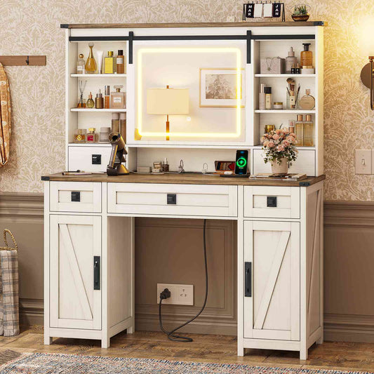 AOGLLATI 47.2" Farmhouse Makeup Vanity Desk with Lights & Charging Station Vanity Desk with Sliding Mirror and Storage Space