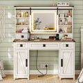AOGLLATI 47.2 Inch Farmhouse Makeup Vanity Desk with Lights & Charging Station Vanity Desk with Sliding Mirror and Storage Space
