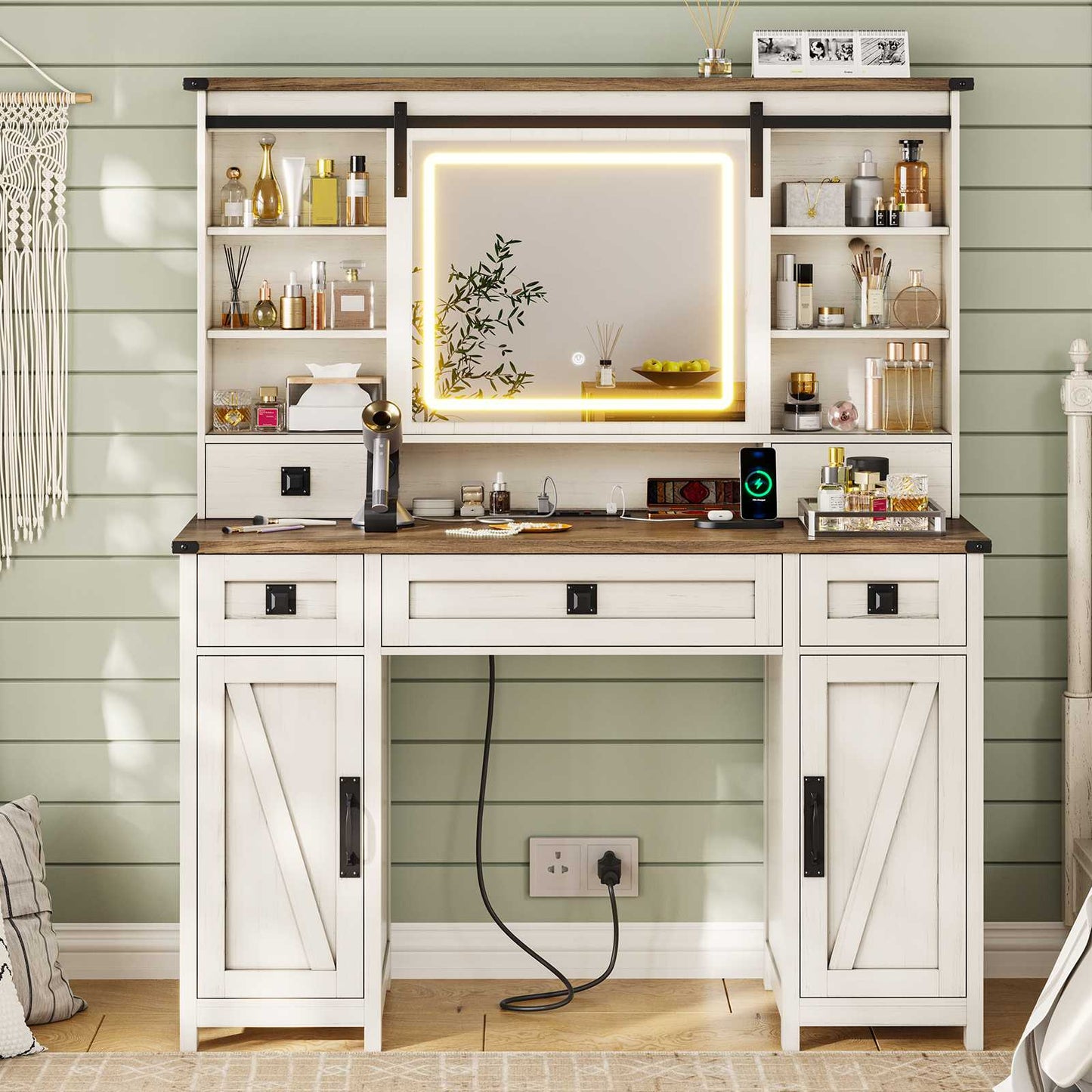 AOGLLATI 47.2 Inch Farmhouse Makeup Vanity Desk with Lights & Charging Station Vanity Desk with Sliding Mirror and Storage Space