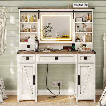 AOGLLATI 47.2 Inch Farmhouse Makeup Vanity Desk with Lights & Charging Station Vanity Desk with Sliding Mirror and Storage Space