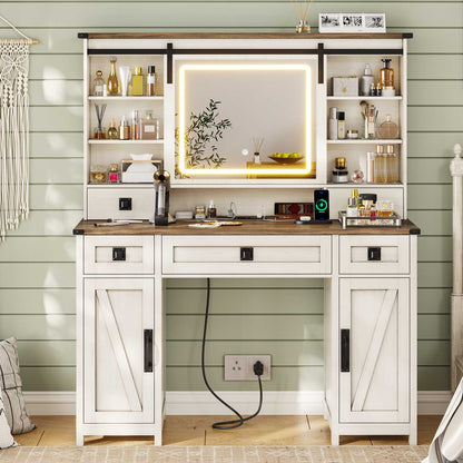 AOGLLATI 47.2 Inch Farmhouse Makeup Vanity Desk with Lights & Charging Station Vanity Desk with Sliding Mirror and Storage Space