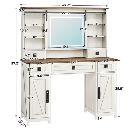 AOGLLATI 47.2 Inch Farmhouse Makeup Vanity Desk with Lights & Charging Station Vanity Desk with Sliding Mirror and Storage Space