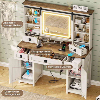 AOGLLATI 47.2 Inch Farmhouse Makeup Vanity Desk with Lights & Charging Station Vanity Desk with Sliding Mirror and Storage Space