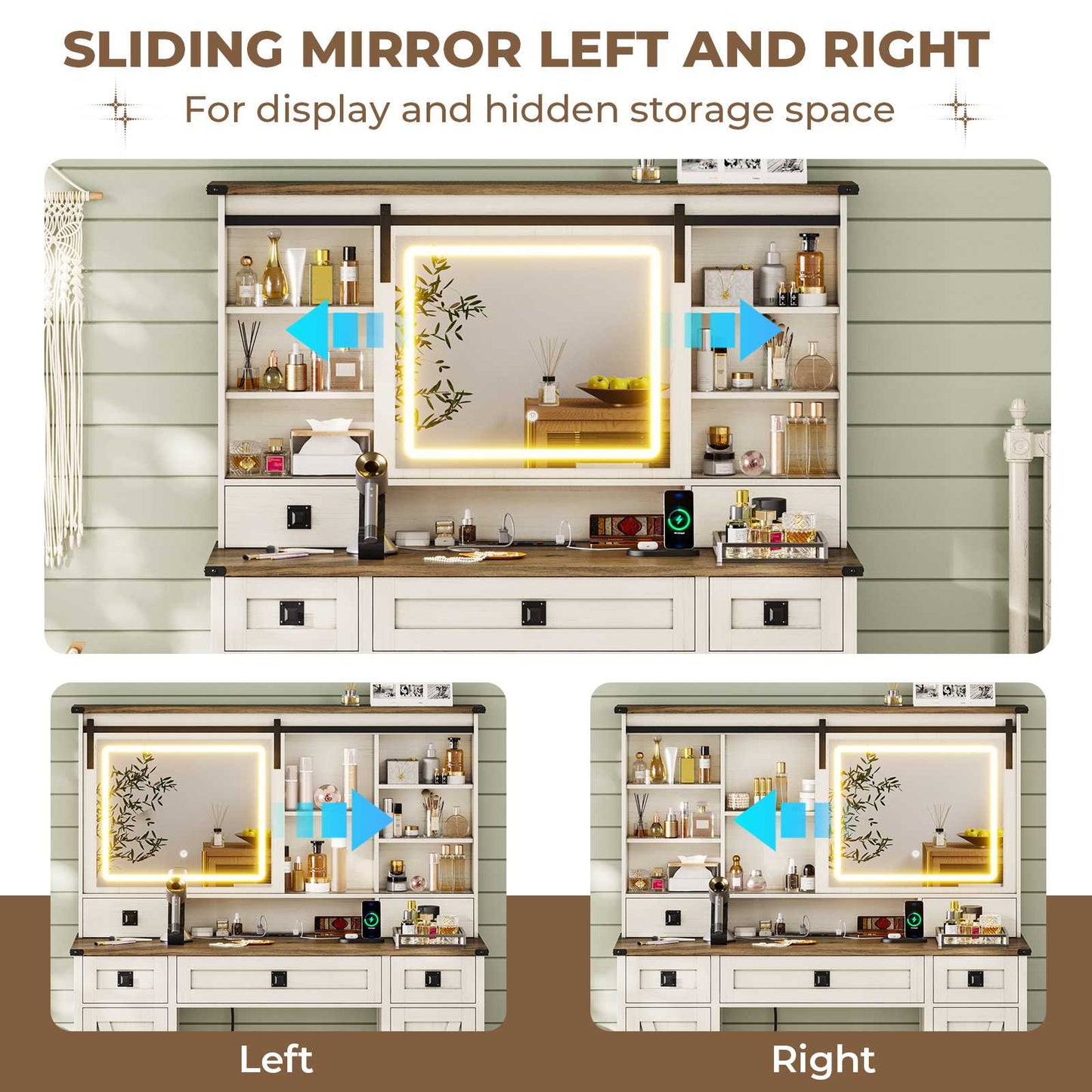 AOGLLATI 47.2 Inch Farmhouse Makeup Vanity Desk with Lights & Charging Station Vanity Desk with Sliding Mirror and Storage Space