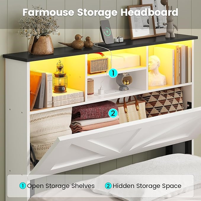 AOGLLATI Bed Frame with 4 Storage Drawers and Charging Station Farmhouse Wooden Led Twin Bed with Storage and Metal Slats