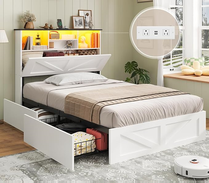 AOGLLATI Bed Frame with 4 Storage Drawers and Charging Station Farmhouse Wooden Led Twin Bed with Storage and Metal Slats