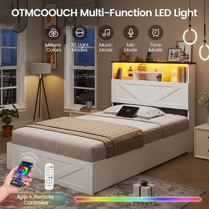 AOGLLATI Bed Frame with 4 Storage Drawers and Charging Station Farmhouse Wooden Led Twin Bed with Storage and Metal Slats