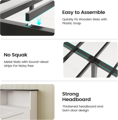 AOGLLATI Bed Frame with 4 Storage Drawers and Charging Station Farmhouse Wooden Led Twin Bed with Storage and Metal Slats