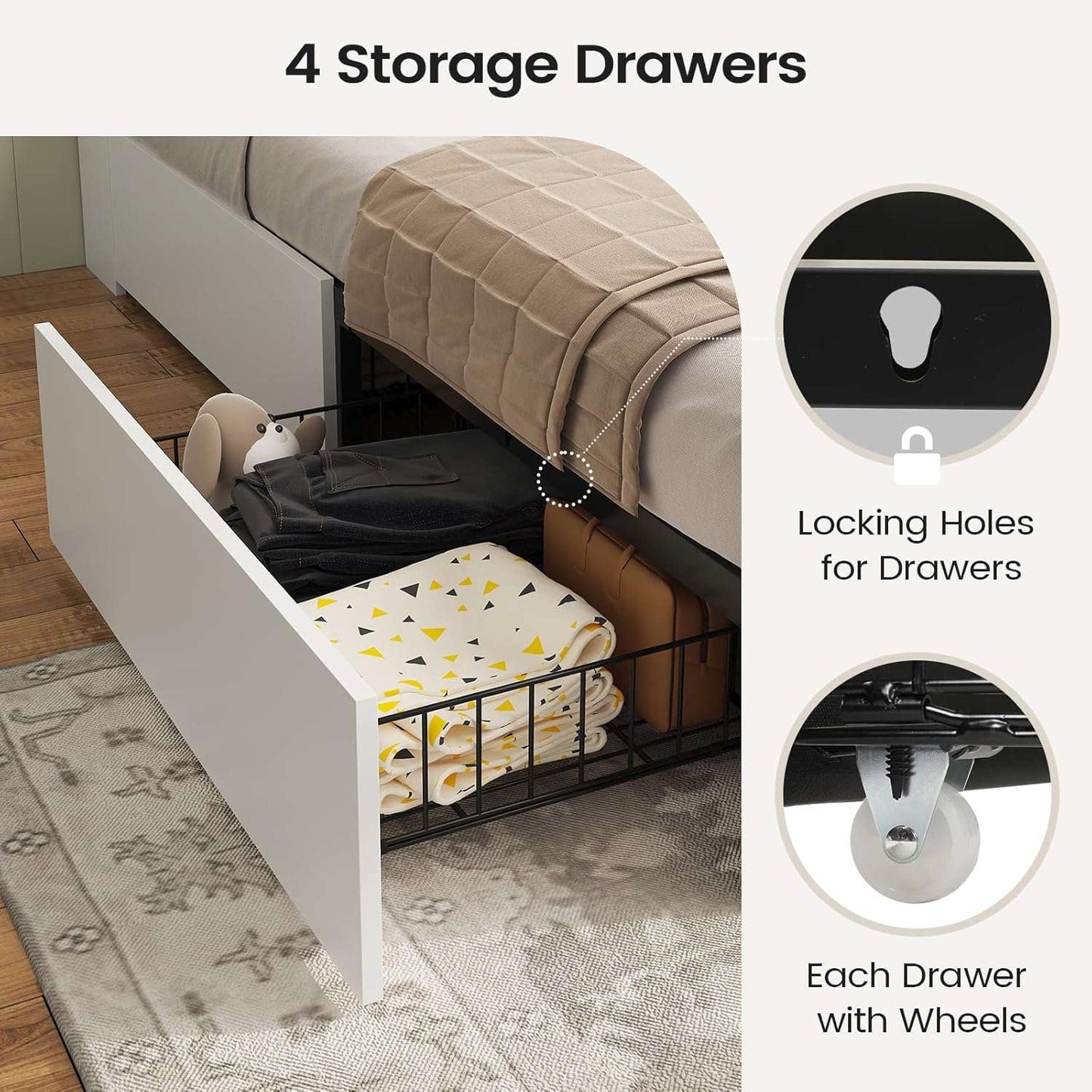 AOGLLATI Bed Frame with 4 Storage Drawers and Charging Station Farmhouse Wooden Led Twin Bed with Storage and Metal Slats