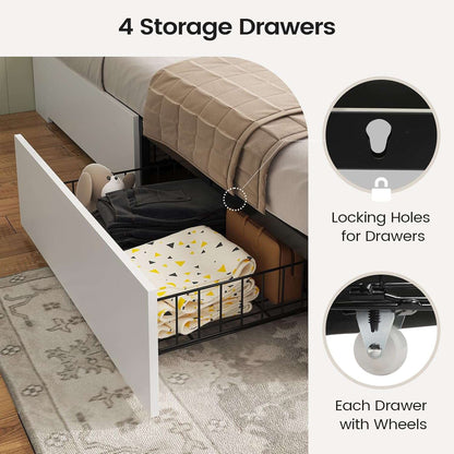AOGLLATI Bed Frame with 4 Storage Drawers and Charging Station Farmhouse Wooden Led Twin Bed with Storage and Metal Slats