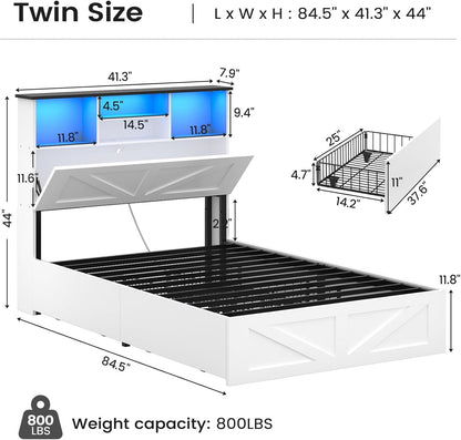 AOGLLATI Bed Frame with 4 Storage Drawers and Charging Station Farmhouse Wooden Led Twin Bed with Storage and Metal Slats