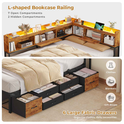 AOGLLATI Corner Bed Frame with 6 Storage Drawers and Bookcase Full Size Daybed with Charging Station and LED Lights for Kids Teens