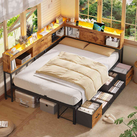 AOGLLATI Corner Bed Frame with 6 Storage Drawers and Bookcase Full Size Daybed with Charging Station and LED Lights for Kids Teens
