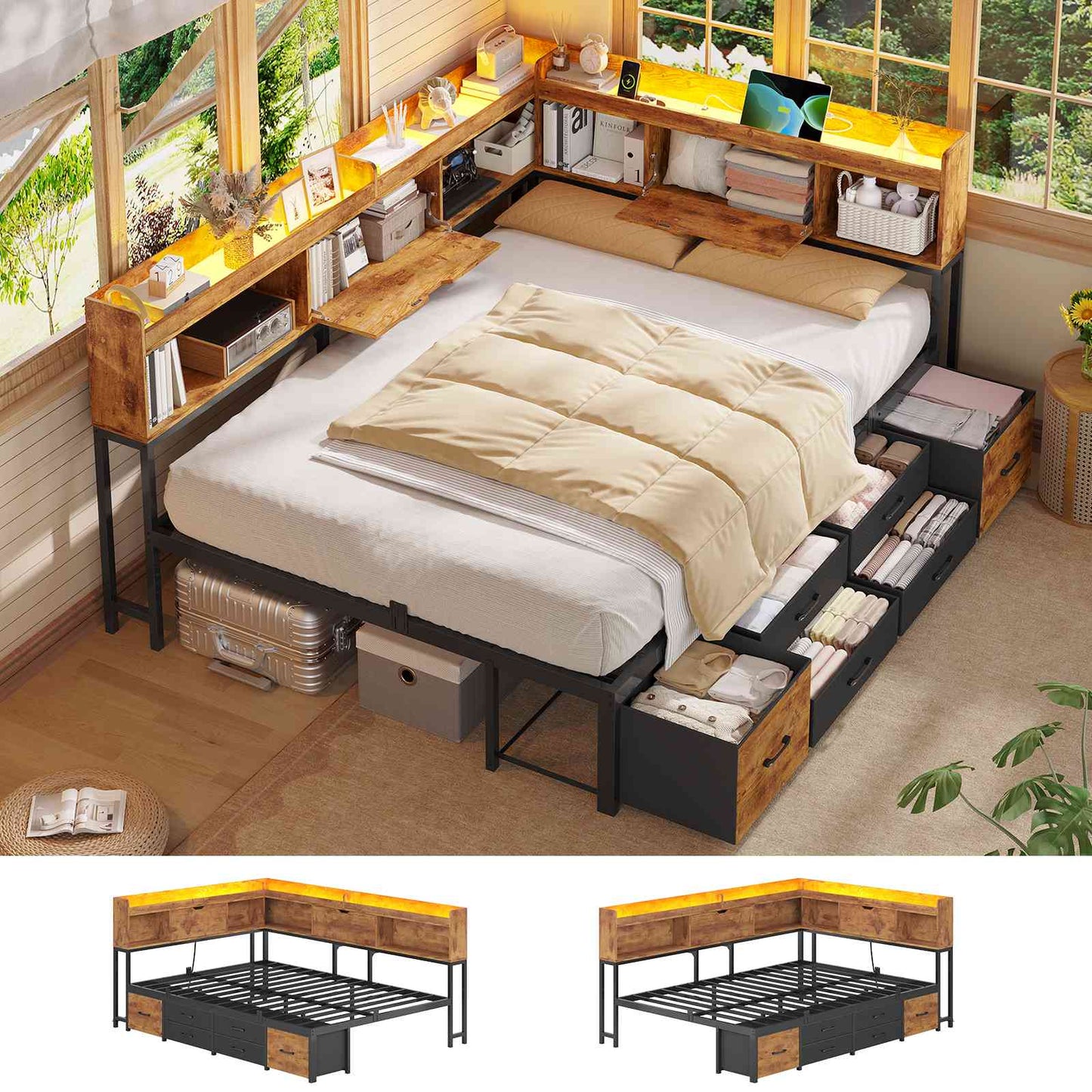 AOGLLATI Corner Bed Frame with 6 Storage Drawers and Bookcase Full Size Daybed with Charging Station and LED Lights for Kids Teens