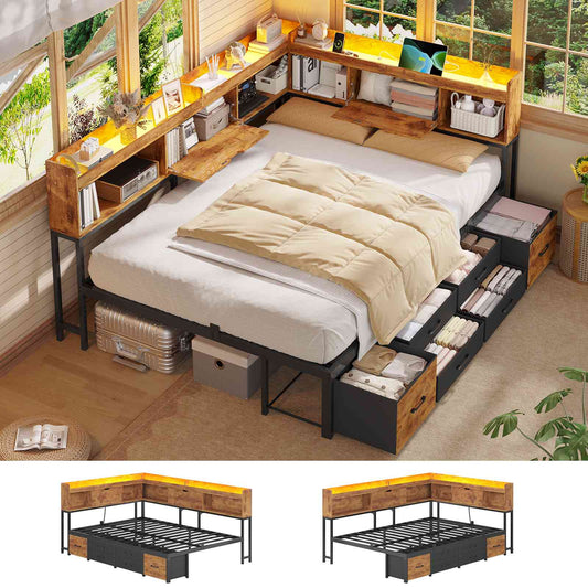 AOGLLATI Corner Bed Frame with 6 Storage Drawers and Bookcase Full Size Daybed with Charging Station and LED Lights for Kids Teens