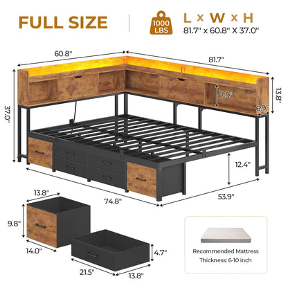 AOGLLATI Corner Bed Frame with 6 Storage Drawers and Bookcase Full Size Daybed with Charging Station and LED Lights for Kids Teens