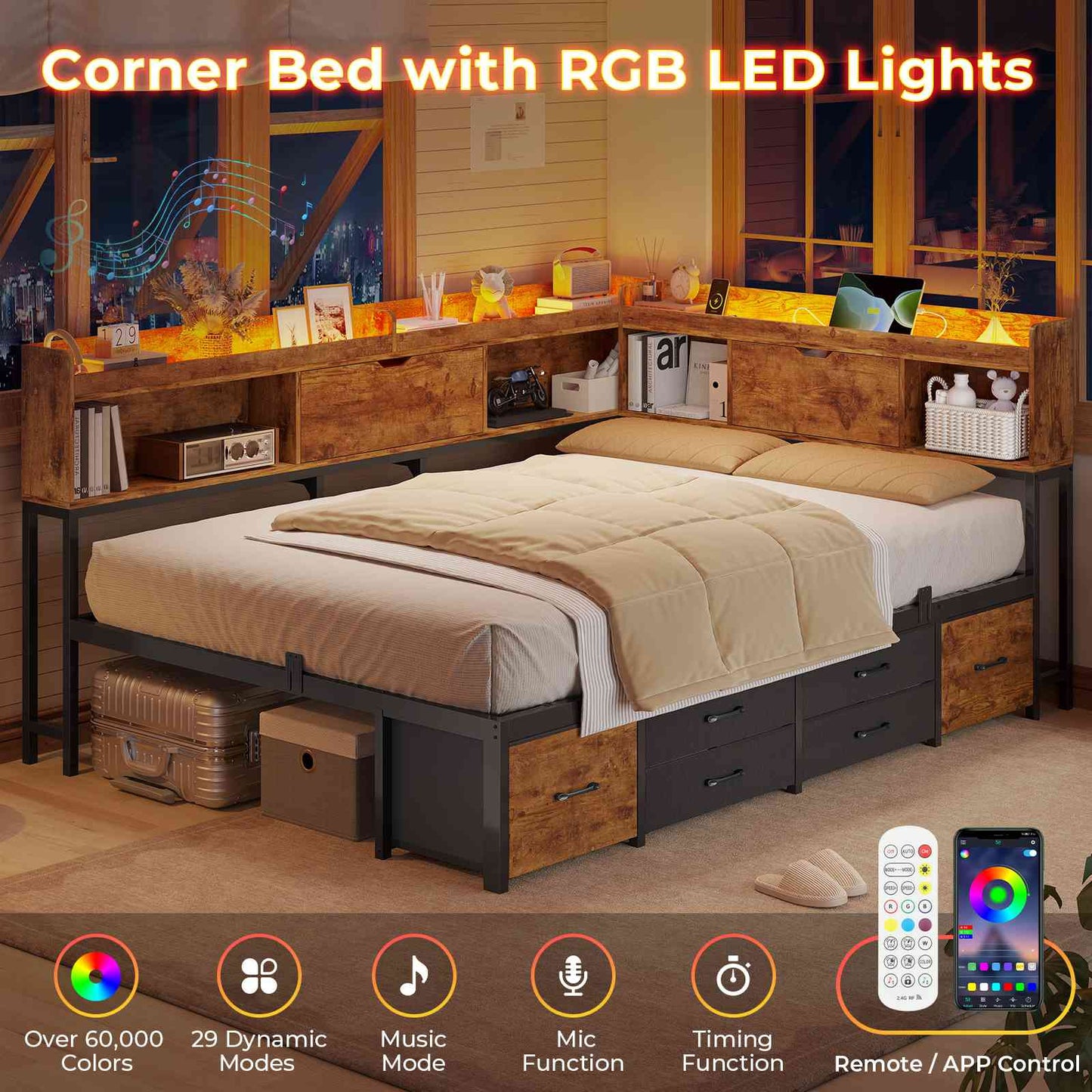 AOGLLATI Corner Bed Frame with 6 Storage Drawers and Bookcase Full Size Daybed with Charging Station and LED Lights for Kids Teens