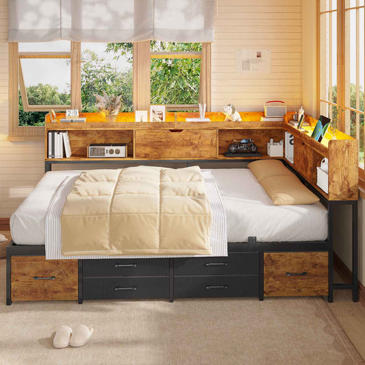 AOGLLATI Corner Bed Frame with 6 Storage Drawers and Bookcase Full Size Daybed with Charging Station and LED Lights for Kids Teens