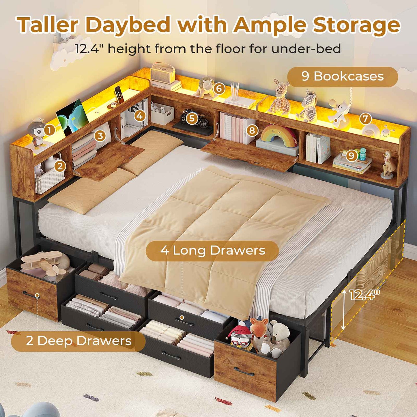AOGLLATI Corner Bed Frame with 6 Storage Drawers and Bookcase Full Size Daybed with Charging Station and LED Lights for Kids Teens