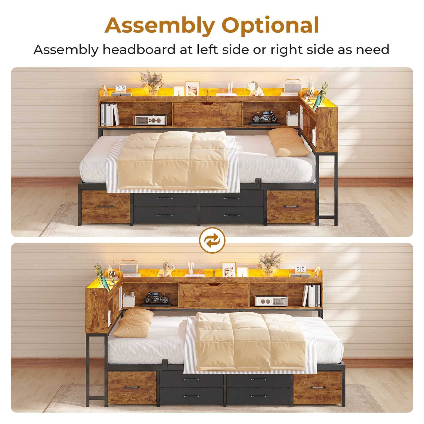 AOGLLATI Corner Bed Frame with 6 Storage Drawers and Bookcase Full Size Daybed with Charging Station and LED Lights for Kids Teens