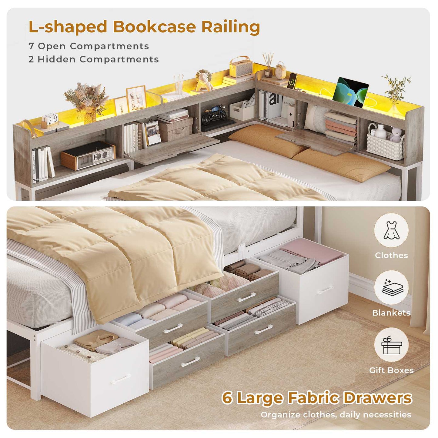 AOGLLATI Corner Bed Frame with 6 Storage Drawers and Bookcase Full Size Daybed with Charging Station and LED Lights for Kids Teens