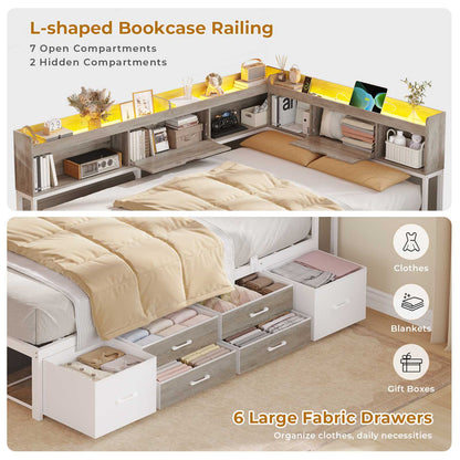 AOGLLATI Corner Bed Frame with 6 Storage Drawers and Bookcase Full Size Daybed with Charging Station and LED Lights for Kids Teens
