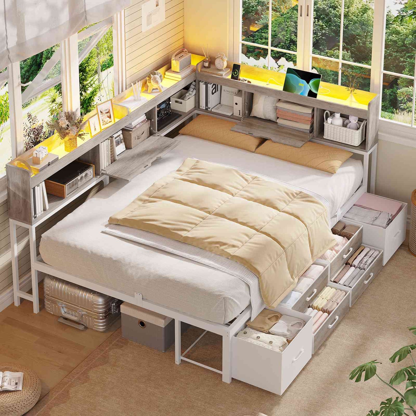AOGLLATI Corner Bed Frame with 6 Storage Drawers and Bookcase Full Size Daybed with Charging Station and LED Lights for Kids Teens