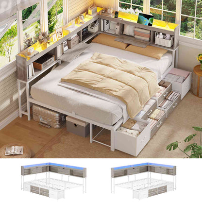 AOGLLATI Corner Bed Frame with 6 Storage Drawers and Bookcase Full Size Daybed with Charging Station and LED Lights for Kids Teens