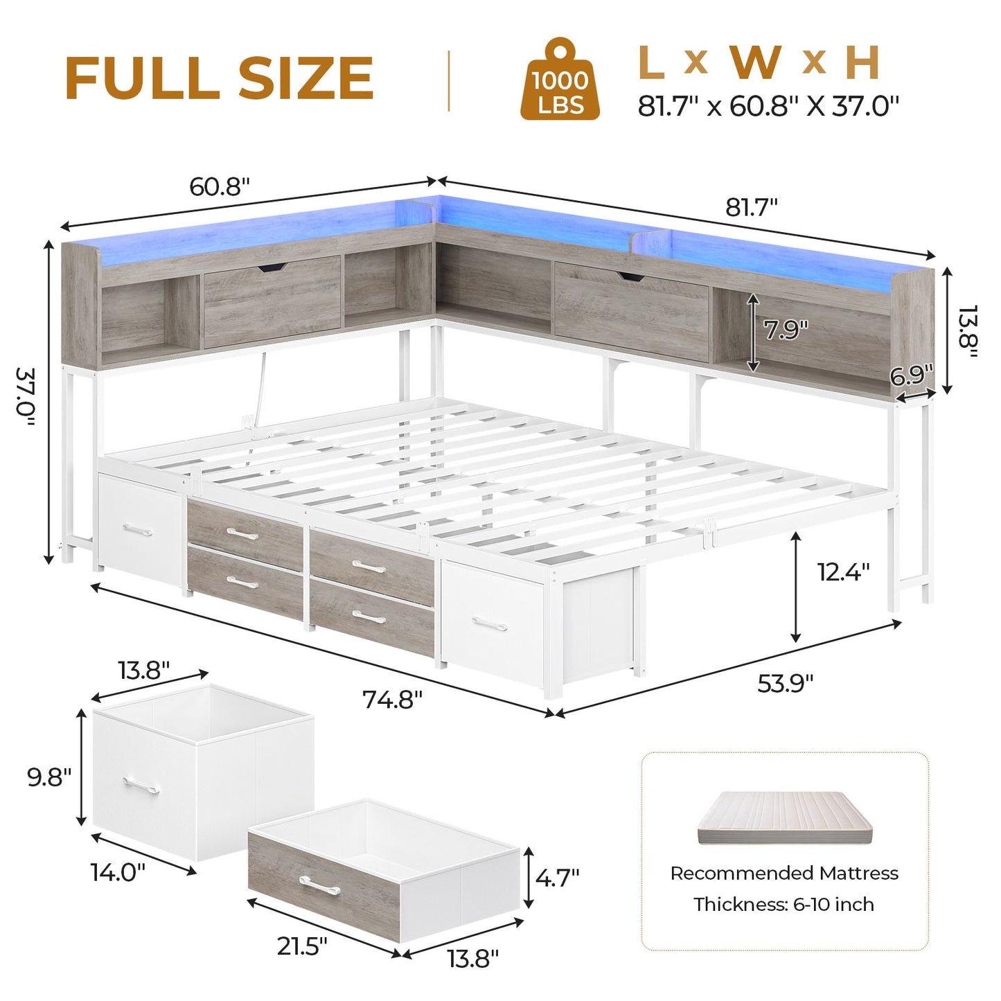 AOGLLATI Corner Bed Frame with 6 Storage Drawers and Bookcase Full Size Daybed with Charging Station and LED Lights for Kids Teens