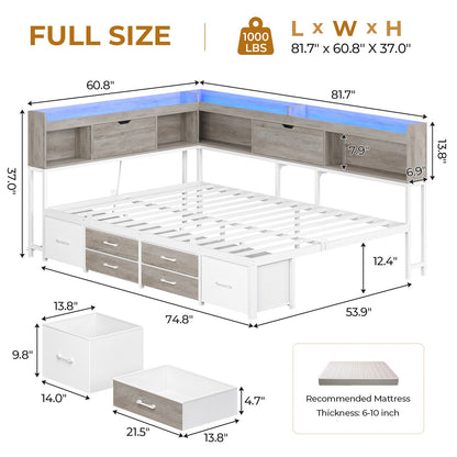 AOGLLATI Corner Bed Frame with 6 Storage Drawers and Bookcase Full Size Daybed with Charging Station and LED Lights for Kids Teens