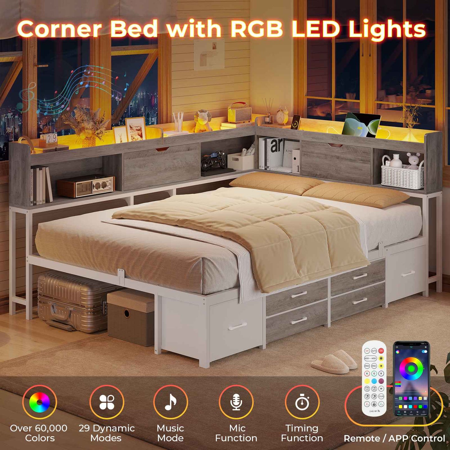 AOGLLATI Corner Bed Frame with 6 Storage Drawers and Bookcase Full Size Daybed with Charging Station and LED Lights for Kids Teens