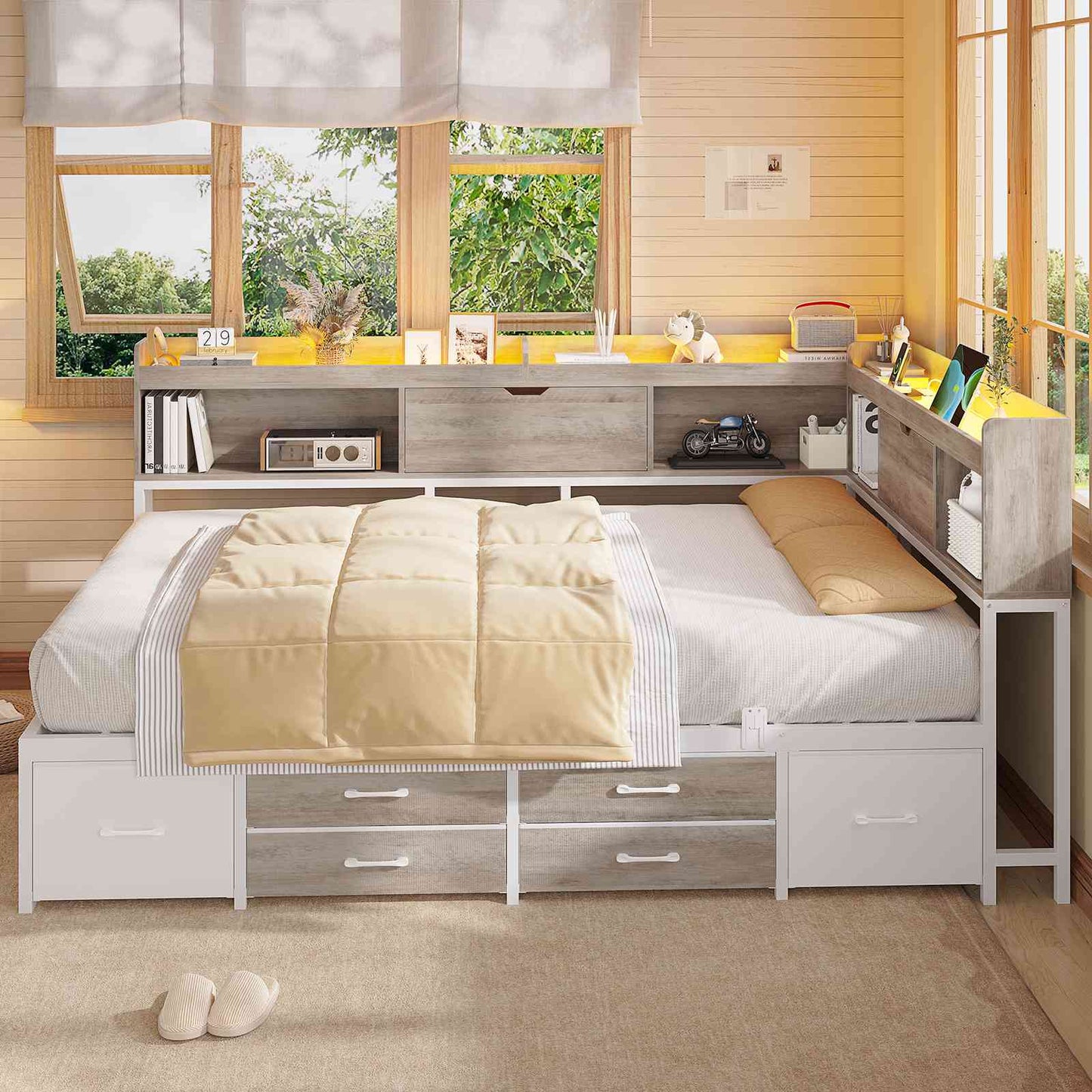 AOGLLATI Corner Bed Frame with 6 Storage Drawers and Bookcase Full Size Daybed with Charging Station and LED Lights for Kids Teens