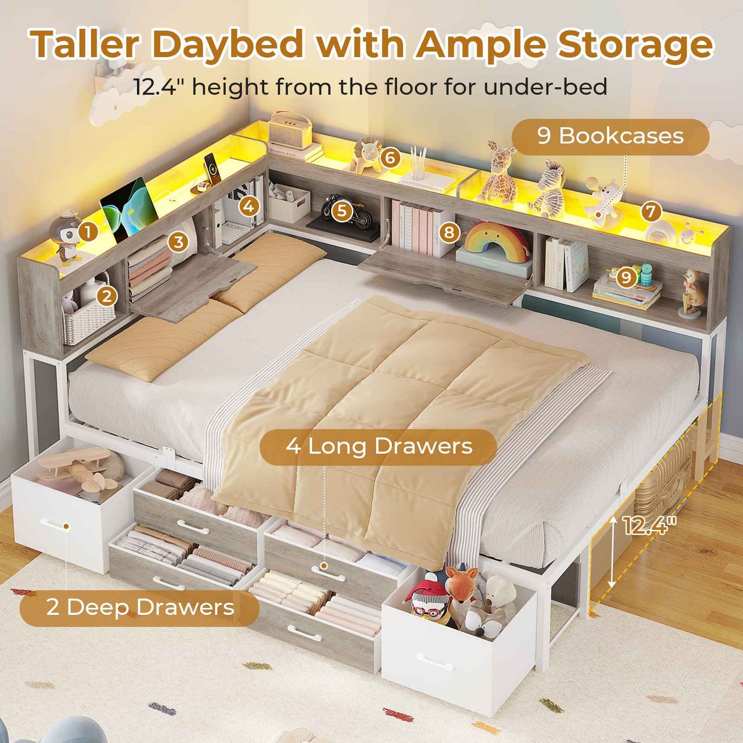 AOGLLATI Corner Bed Frame with 6 Storage Drawers and Bookcase Full Size Daybed with Charging Station and LED Lights for Kids Teens
