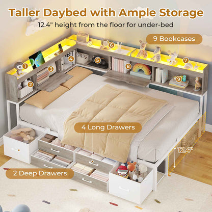 AOGLLATI Corner Bed Frame with 6 Storage Drawers and Bookcase Full Size Daybed with Charging Station and LED Lights for Kids Teens