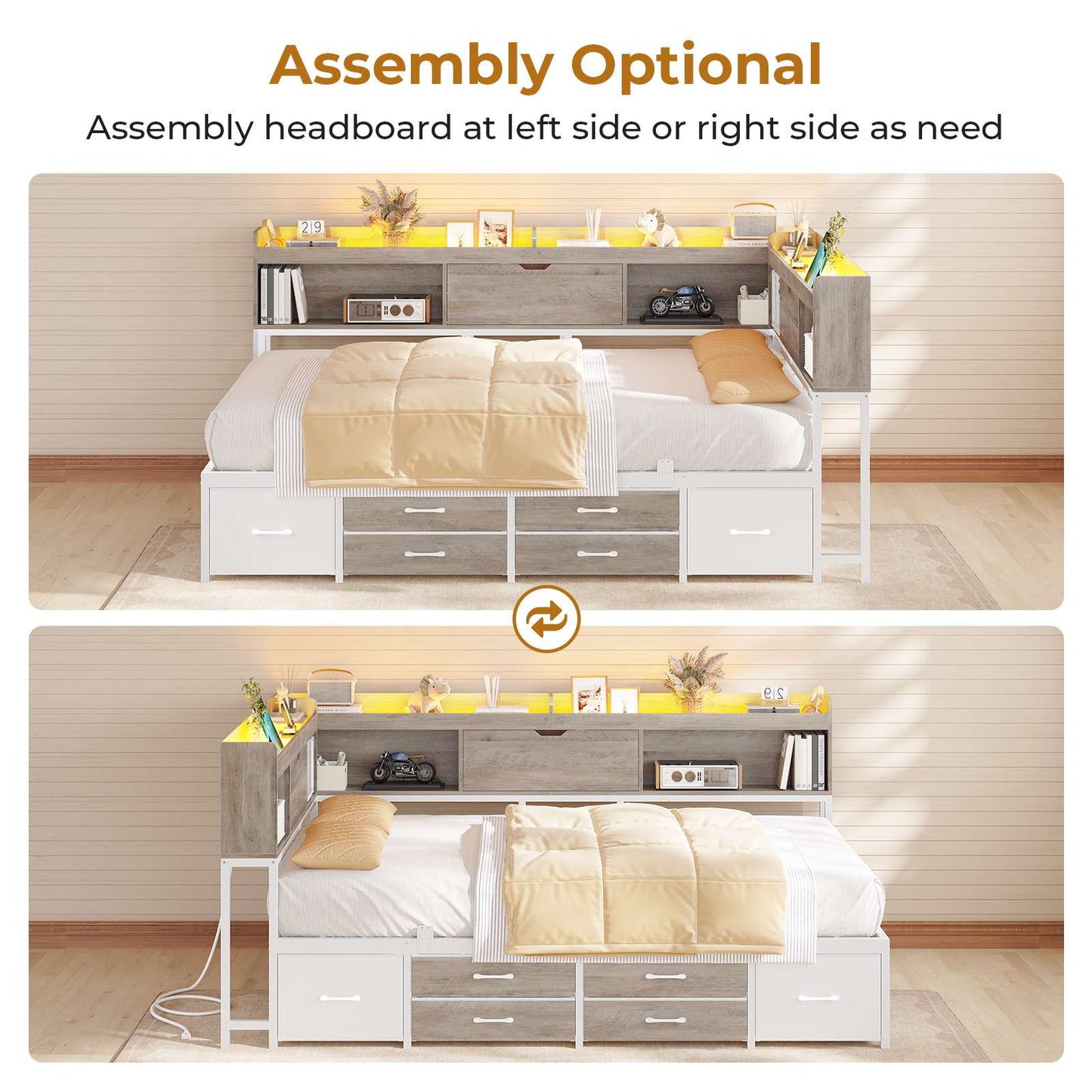 AOGLLATI Corner Bed Frame with 6 Storage Drawers and Bookcase Full Size Daybed with Charging Station and LED Lights for Kids Teens