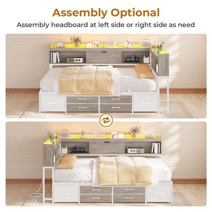 AOGLLATI Corner Bed Frame with 6 Storage Drawers and Bookcase Full Size Daybed with Charging Station and LED Lights for Kids Teens