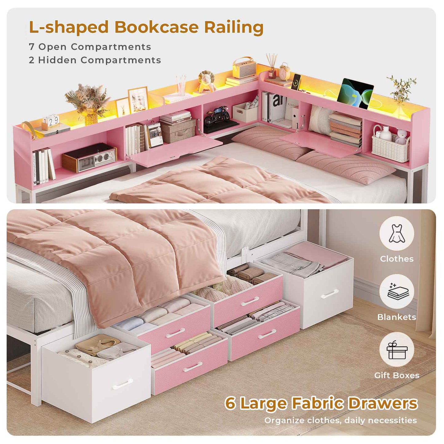 AOGLLATI Corner Bed Frame with 6 Storage Drawers and Bookcase Full Size Daybed with Charging Station and LED Lights for Kids Teens