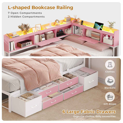 AOGLLATI Corner Bed Frame with 6 Storage Drawers and Bookcase Full Size Daybed with Charging Station and LED Lights for Kids Teens