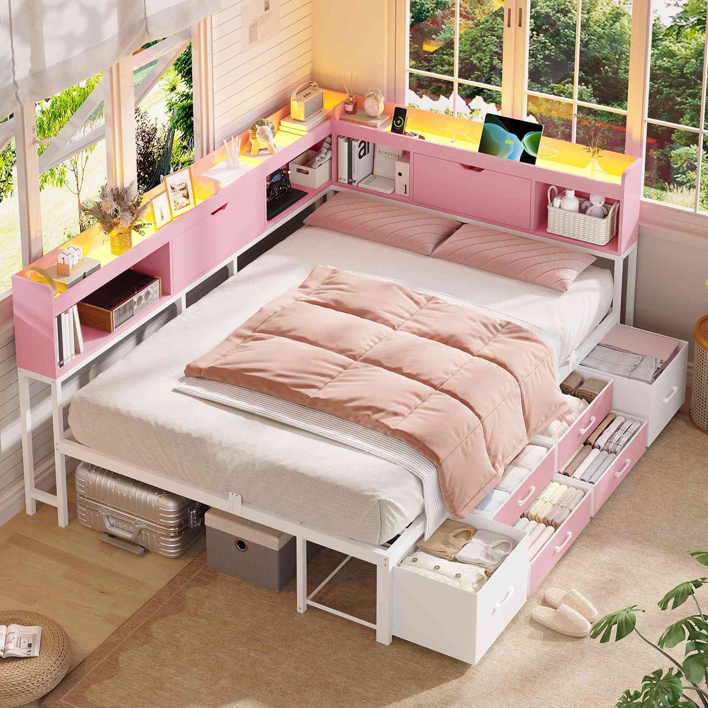 AOGLLATI Corner Bed Frame with 6 Storage Drawers and Bookcase Full Size Daybed with Charging Station and LED Lights for Kids Teens