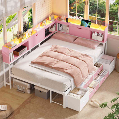 AOGLLATI Corner Bed Frame with 6 Storage Drawers and Bookcase Full Size Daybed with Charging Station and LED Lights for Kids Teens