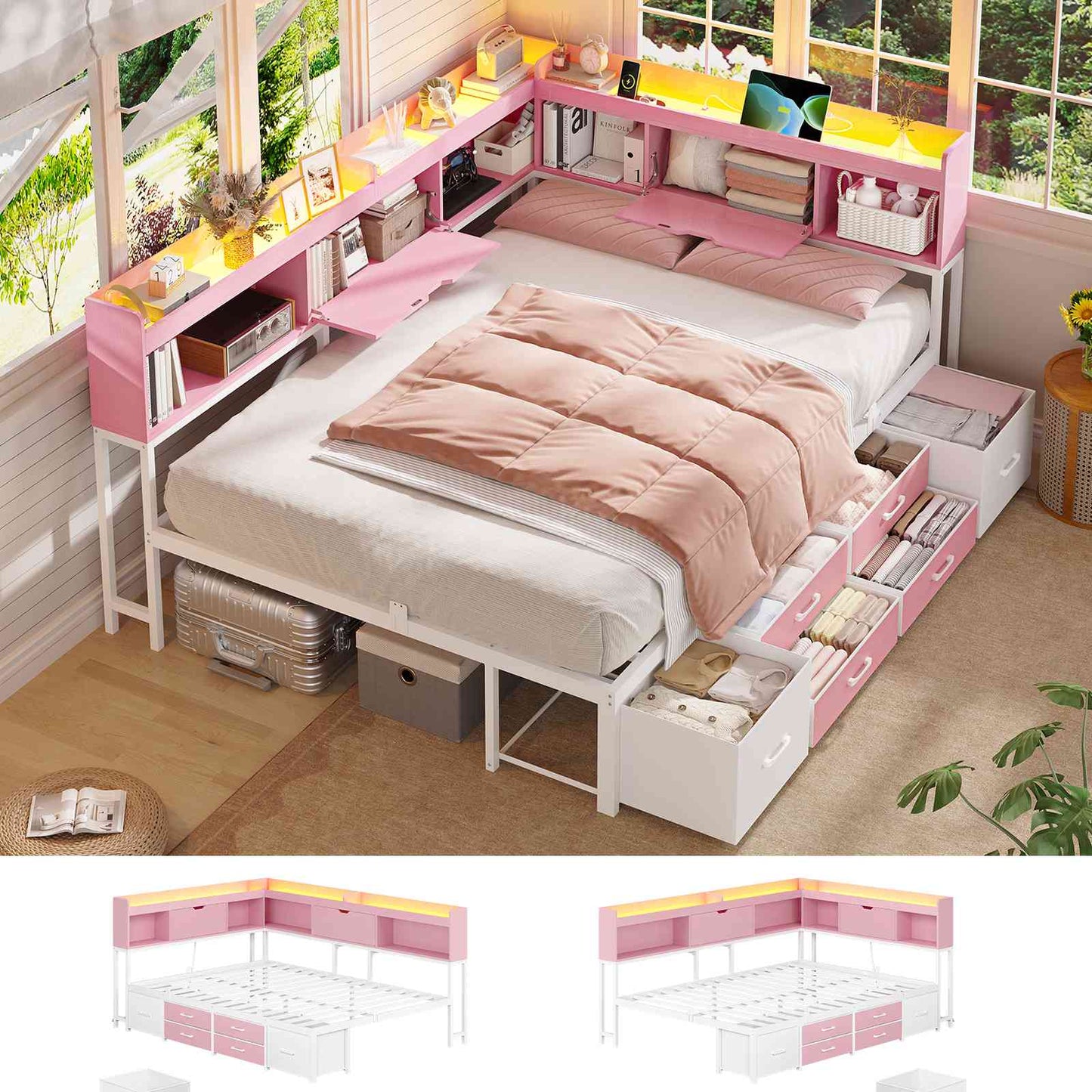 AOGLLATI Corner Bed Frame with 6 Storage Drawers and Bookcase Full Size Daybed with Charging Station and LED Lights for Kids Teens