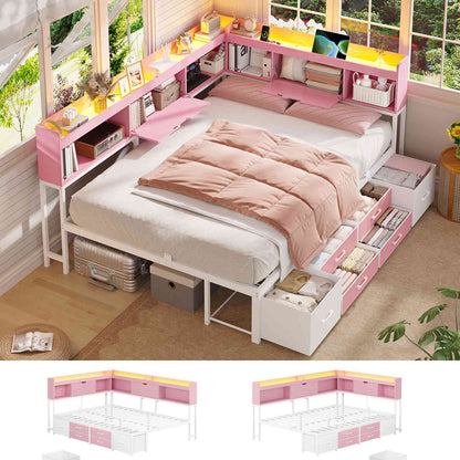 AOGLLATI Corner Bed Frame with 6 Storage Drawers and Bookcase Full Size Daybed with Charging Station and LED Lights for Kids Teens