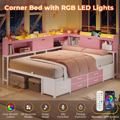 AOGLLATI Corner Bed Frame with 6 Storage Drawers and Bookcase Full Size Daybed with Charging Station and LED Lights for Kids Teens