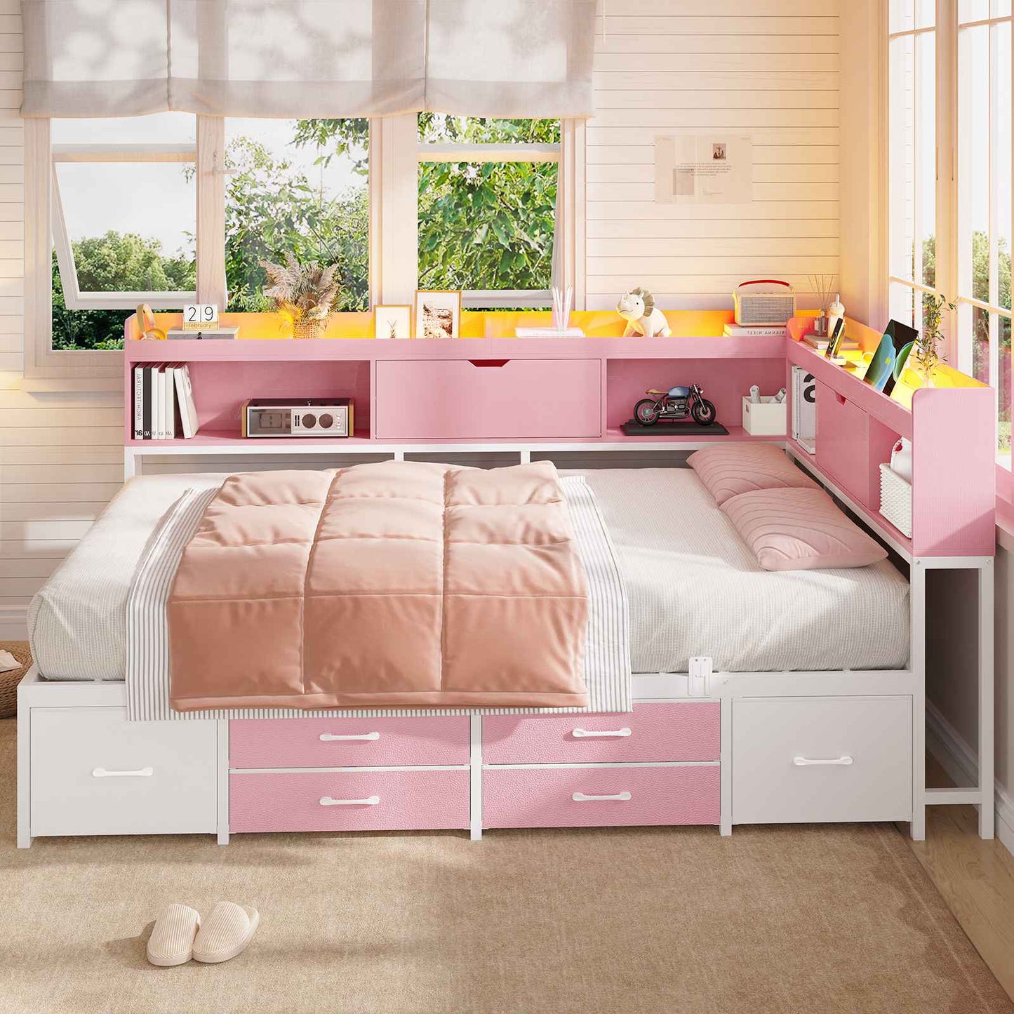AOGLLATI Corner Bed Frame with 6 Storage Drawers and Bookcase Full Size Daybed with Charging Station and LED Lights for Kids Teens