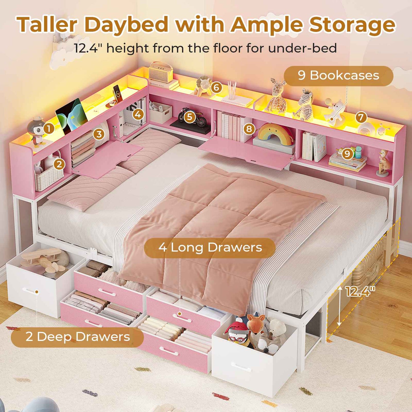 AOGLLATI Corner Bed Frame with 6 Storage Drawers and Bookcase Full Size Daybed with Charging Station and LED Lights for Kids Teens