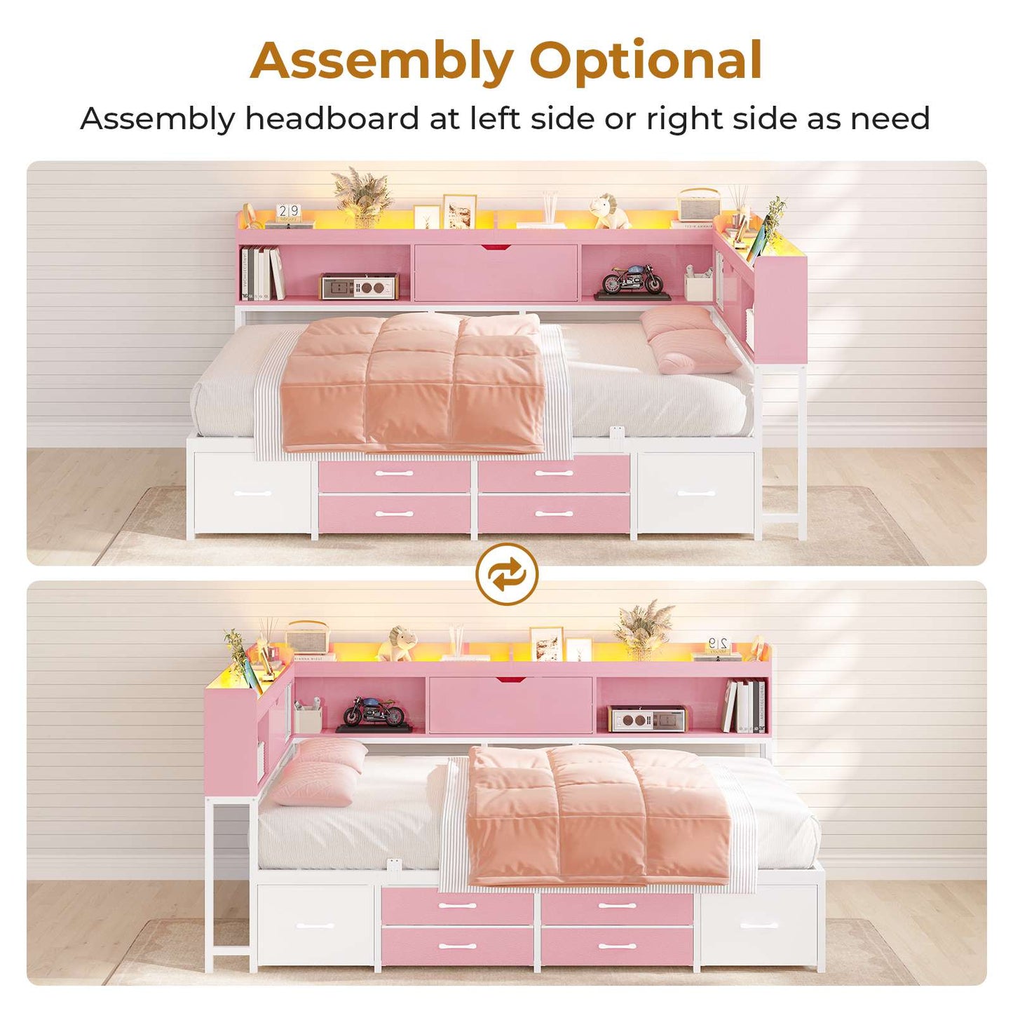 AOGLLATI Corner Bed Frame with 6 Storage Drawers and Bookcase Full Size Daybed with Charging Station and LED Lights for Kids Teens