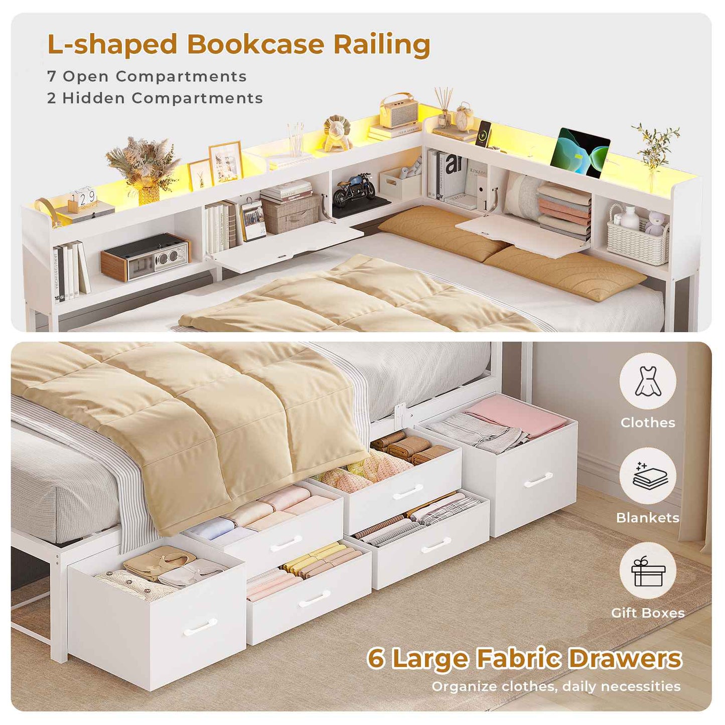 AOGLLATI Corner Bed Frame with 6 Storage Drawers and Bookcase Full Size Daybed with Charging Station and LED Lights for Kids Teens