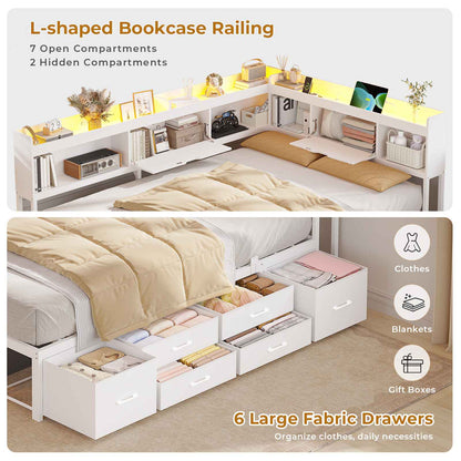 AOGLLATI Corner Bed Frame with 6 Storage Drawers and Bookcase Full Size Daybed with Charging Station and LED Lights for Kids Teens