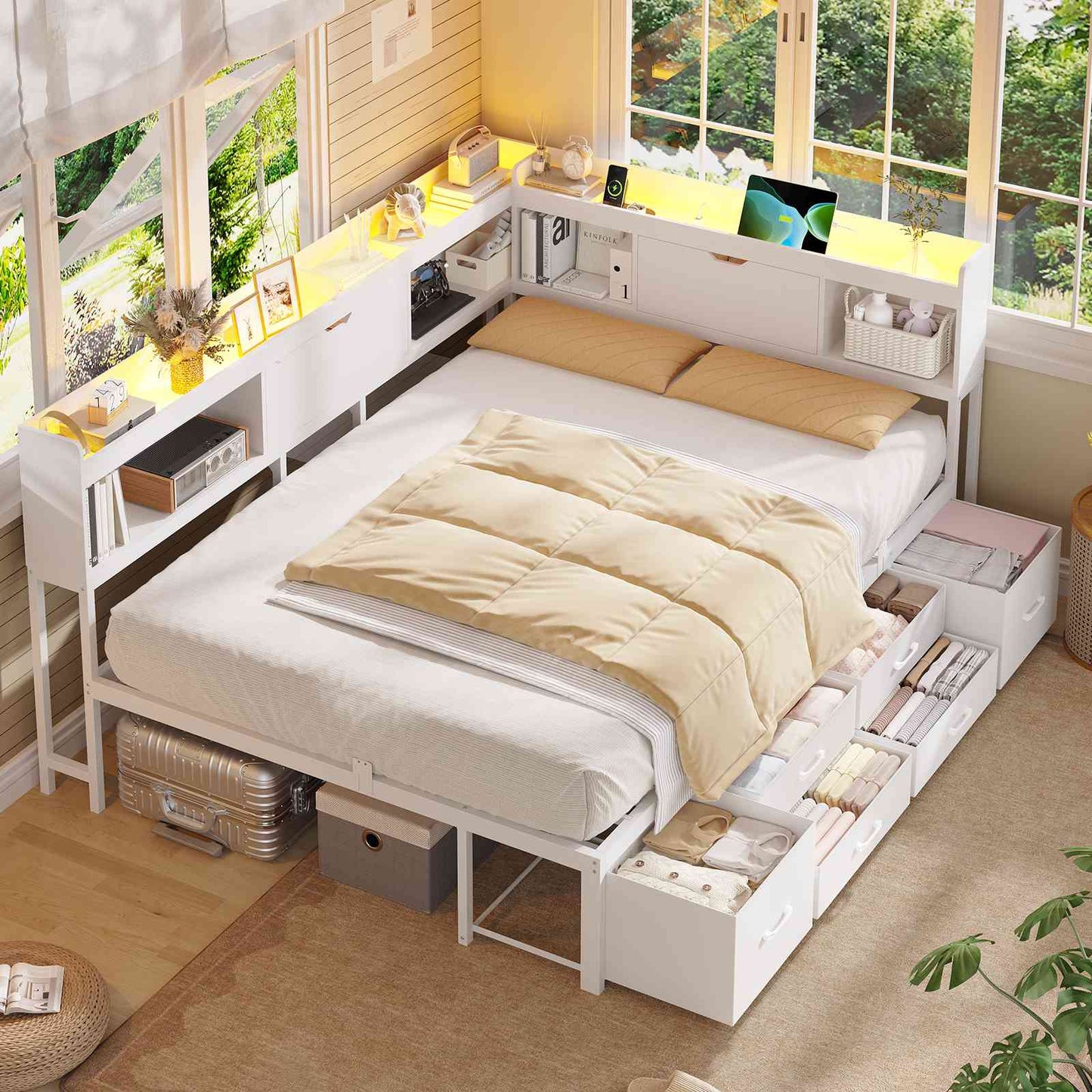 AOGLLATI Corner Bed Frame with 6 Storage Drawers and Bookcase Full Size Daybed with Charging Station and LED Lights for Kids Teens
